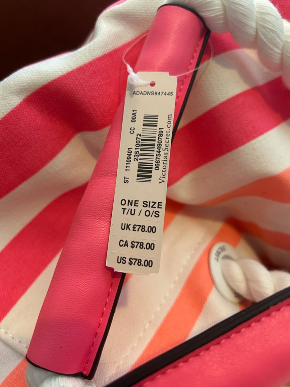 NWT $78 Victoria's Secret Pink and White Striped Canvas Tote - Picture 7 of 10